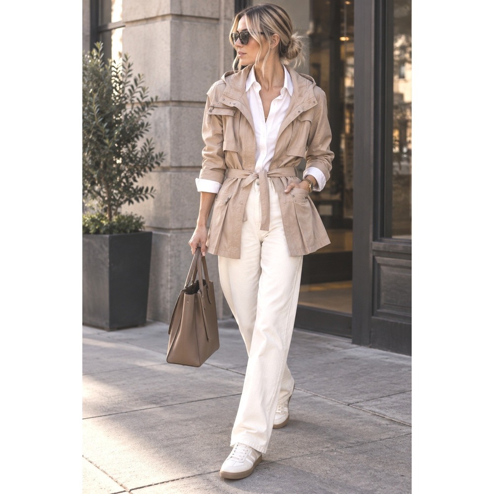 1 Madison Luxe Outerwear Tan‎ Peplum Trench Coat Belted Zip Front Jacket Large